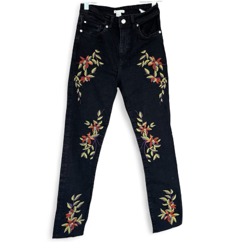 H&M Embroidered Cutoff Black Jeans with Floral Design